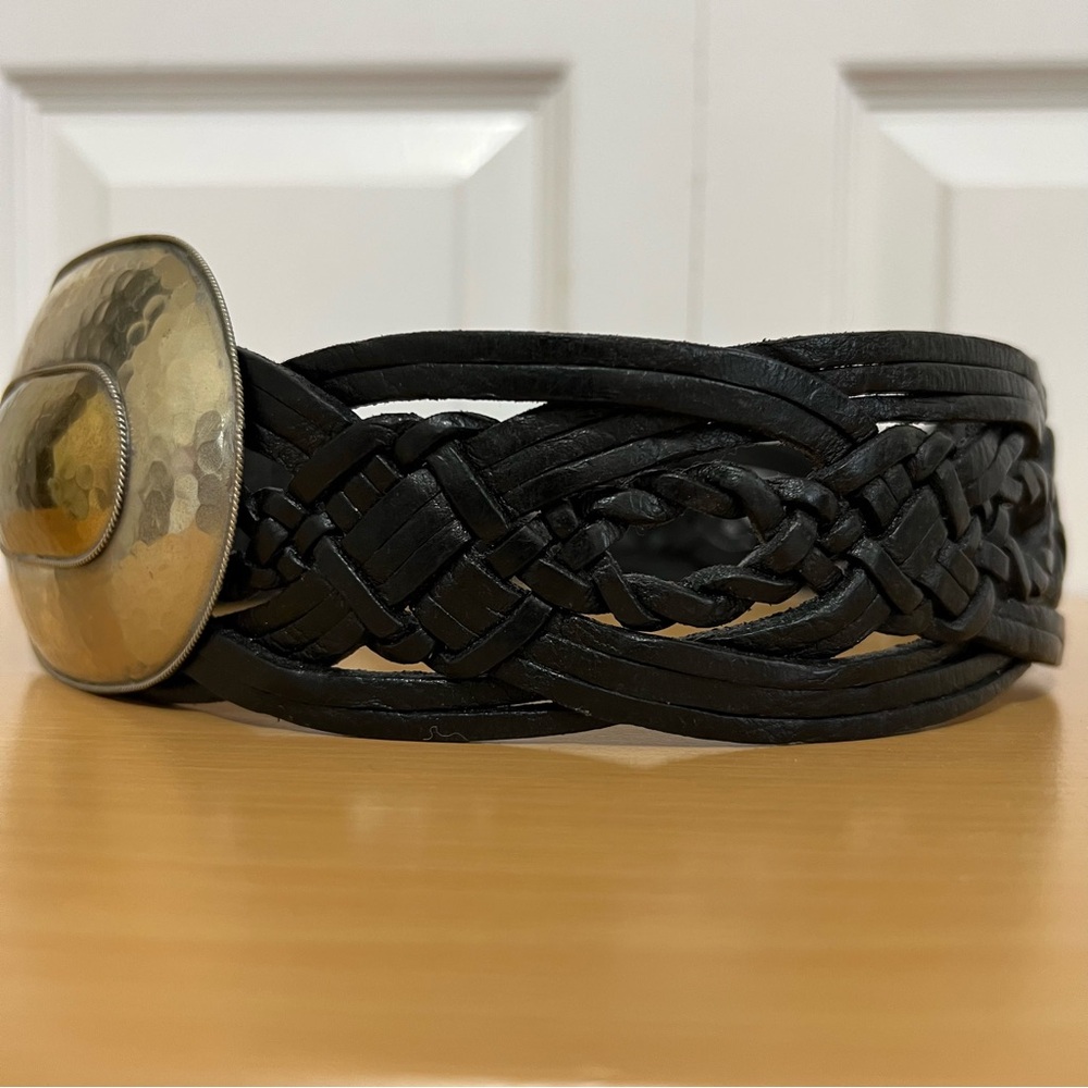 Chico’s Wide Braided Black Leather Belt w/ Large Silver & Brass Metal Buckle S/M - Picture 6 of 15